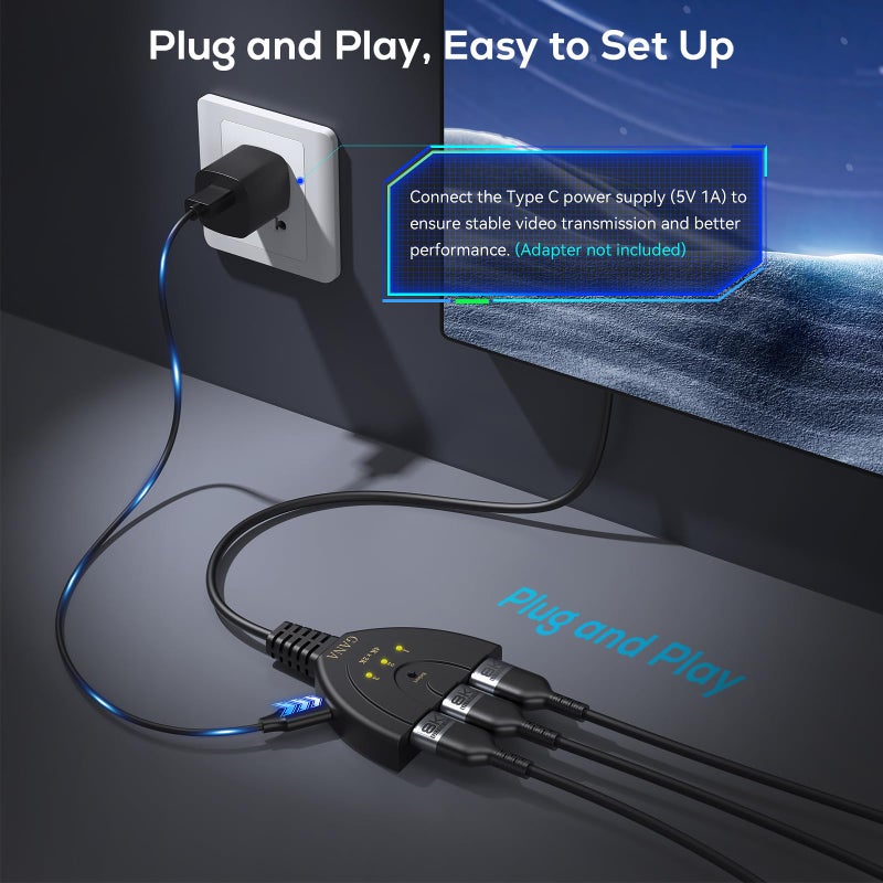 GANA HDMI Switch, GANA 4K HDMI Splitter 3 in 1 Out, 3-Port Switcher Selector with Pigtail HDMI Cable,Supports Full HD 4K 30Hz 1080P 3D Player, Compatible with PS4/3, Xbox, Fire Stick, Roku, PC,TV - Image 4
